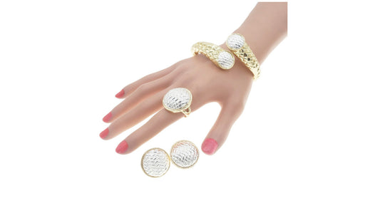 Bold Shaped Gold & Silver Bangle, Earrings, and Ring Italian Jewelry Set