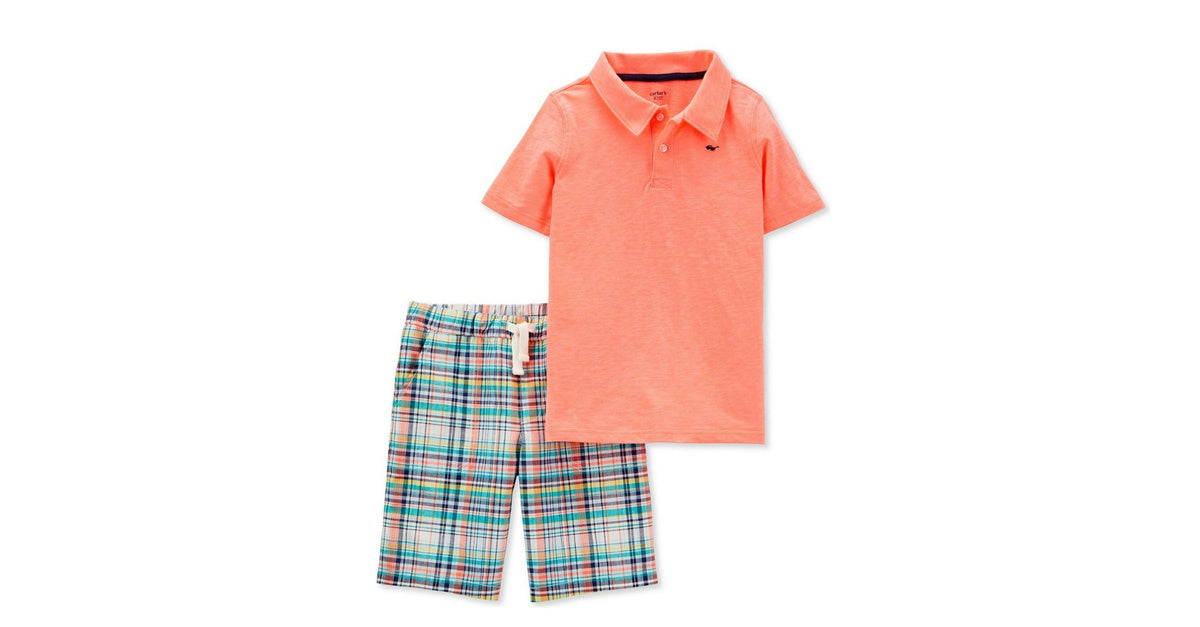 Carter's Little & Big Boys 2-Pc. Neon Polo Shirt & Plaid Shorts Set