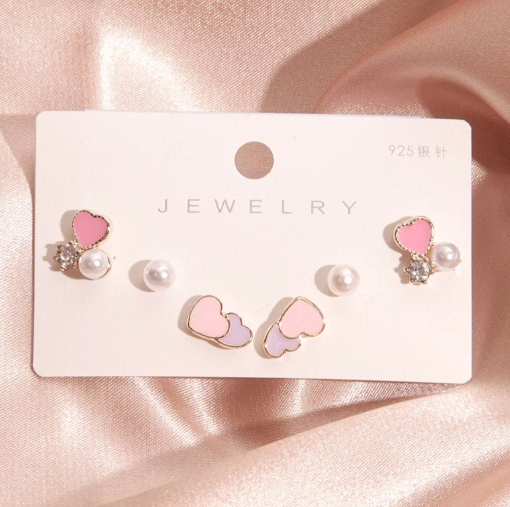 6-Pc Fashion Studs Earrings Set - Duo Hearts & Pearls