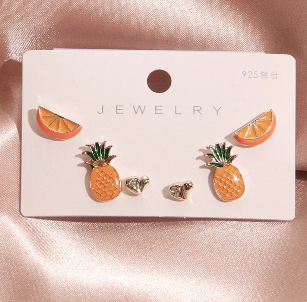 6-Pc Fashion Studs Earrings Set - Pineapple & Lemon