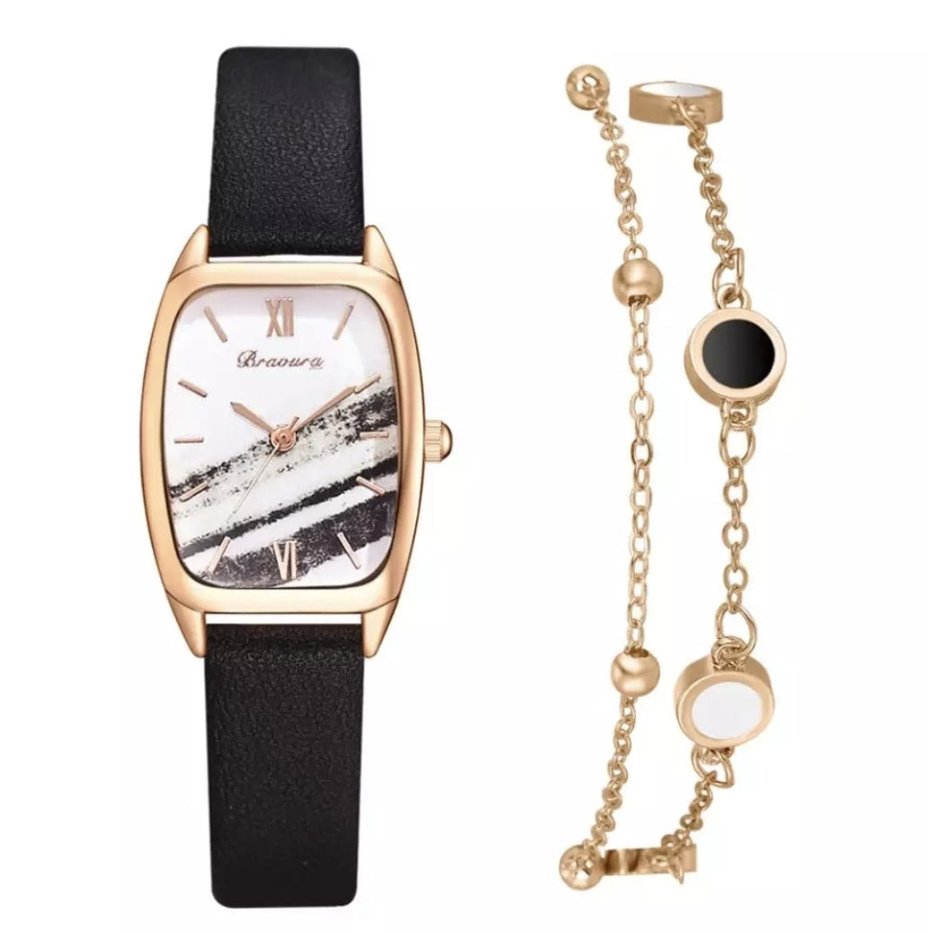 Leather Watch w/Bracelet & Gift Box for Women - Black/White