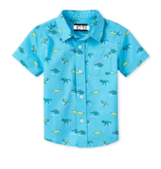 Baby And Toddler Boys Dino Poplin Button Down Shirt - Aquaduct