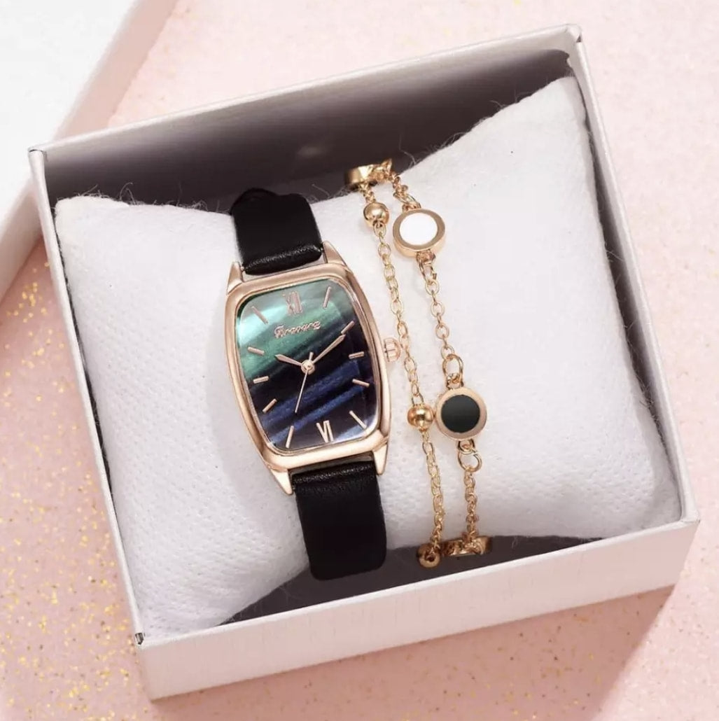 Leather Watch w/Bracelet & Gift Box for Women - Black