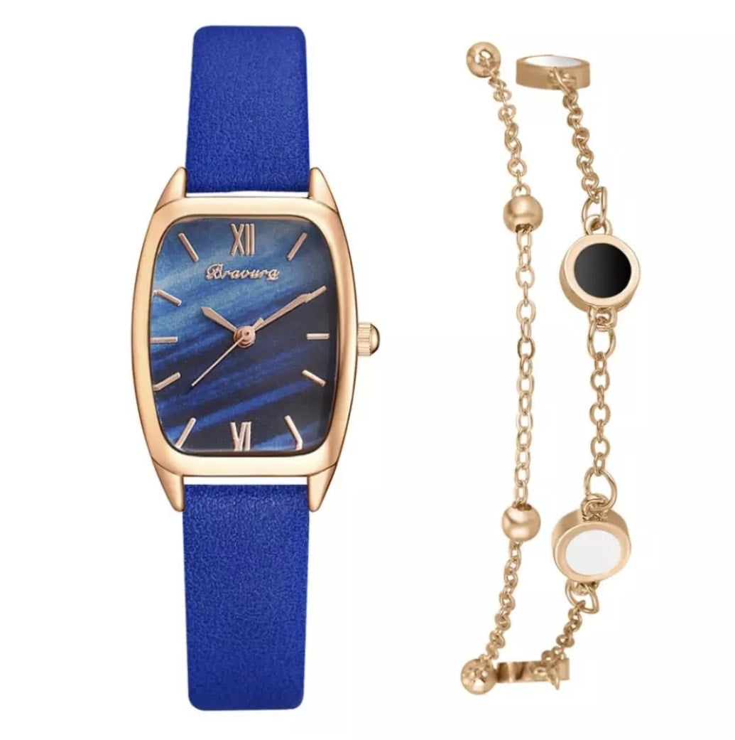 Leather Watch w/Bracelet & Gift Box for Women - Blue