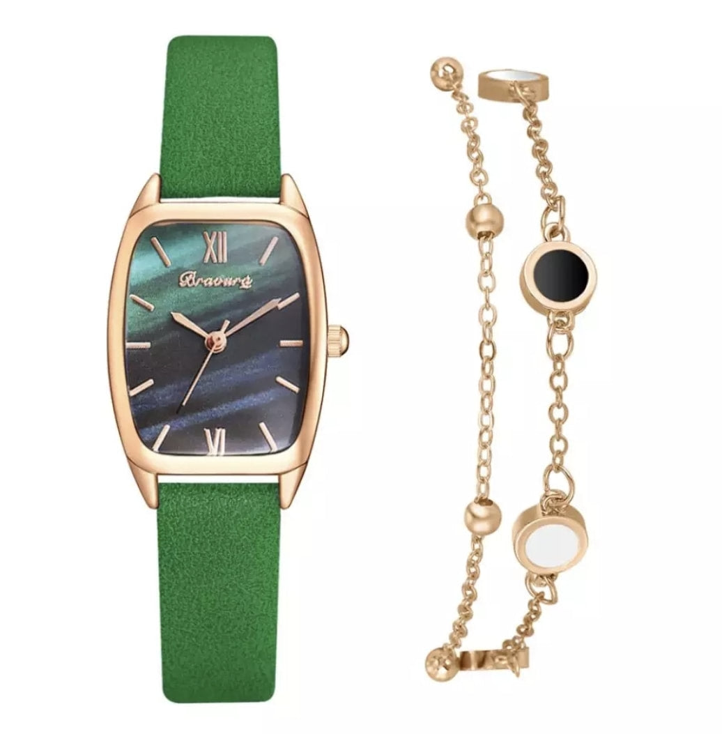 Leather Watch w/Bracelet & Gift Box for Women - Green