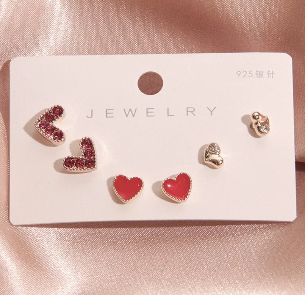 6-Pc Fashion Studs Earrings Set - Red Hearts