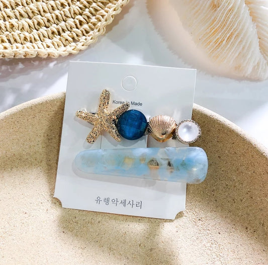 Blue Water Pearl Starfish 2-Pc Hair Pins