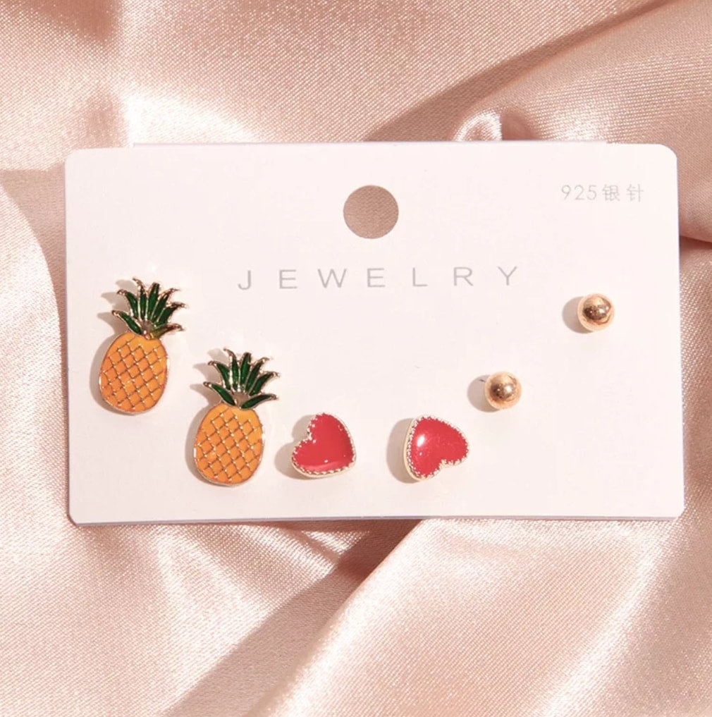 6-Pc Fashion Studs Earrings Set - Pineapple & Red Heart