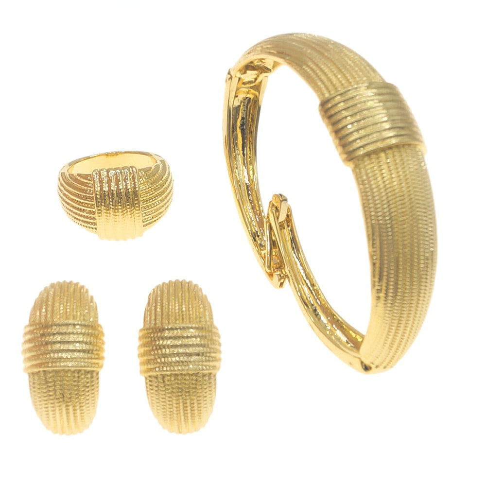 Lines Shaped Gold Bangle, Earrings, and Ring Italian Jewelry Set