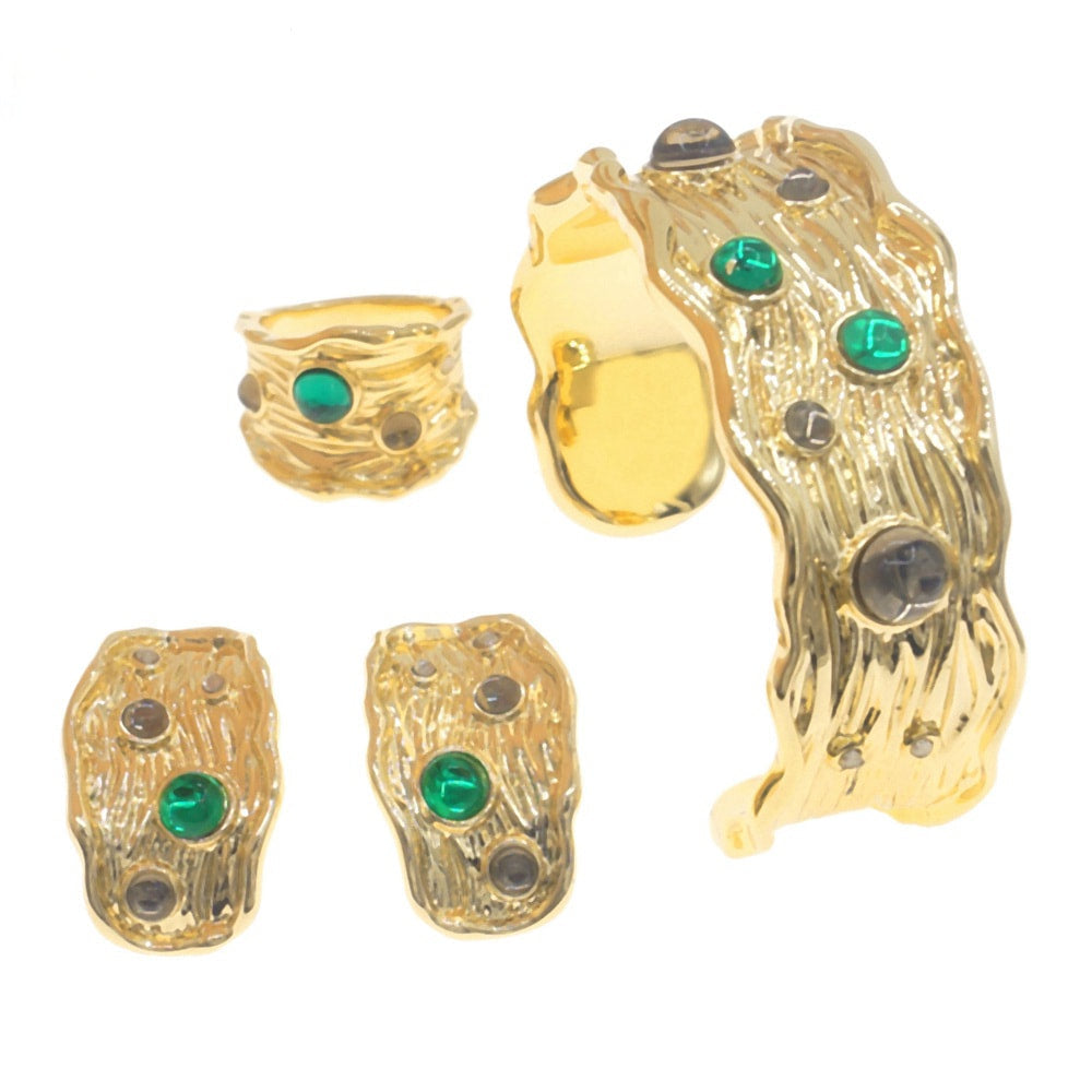 Emerald Stoned Bangle, Earrings, and Ring Italian Jewelry Set