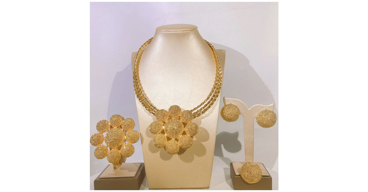 Gold-Plated Clustered Brazilian Necklace, Bangle, Earrings, and Ring Set