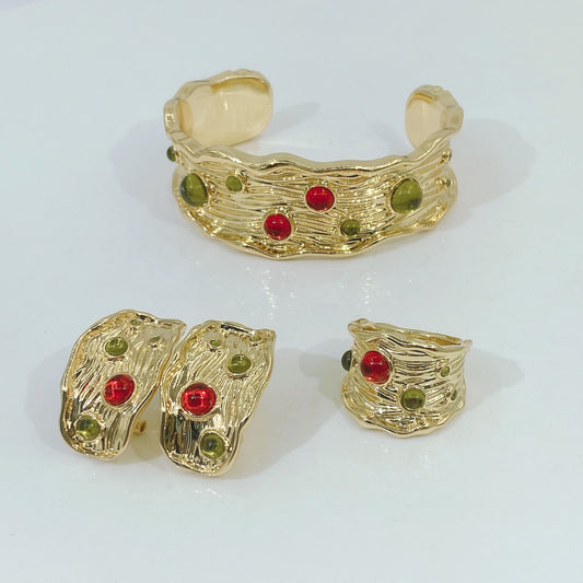 Stoned Bangle, Earrings, and Ring Italian Jewelry Set