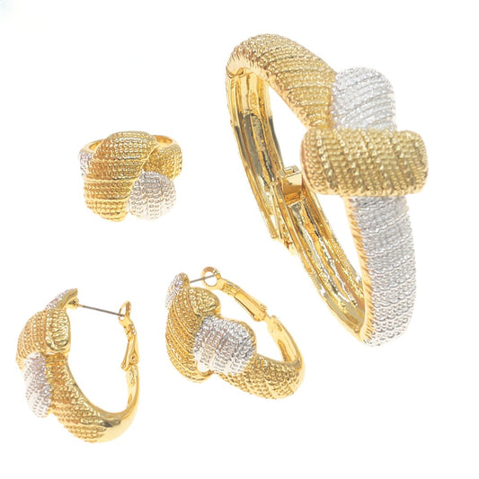 Ribbon Shaped Gold & Silver Bangle, Earrings, and Ring Italian Jewelry Set