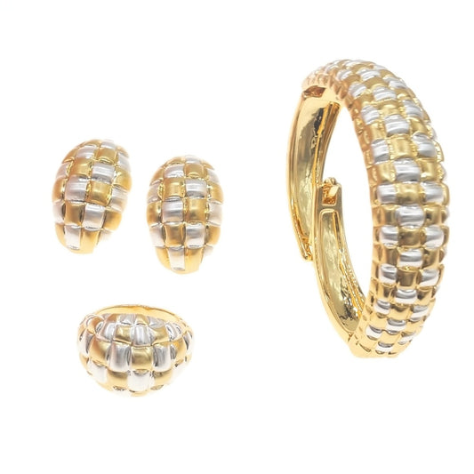 Square Design Gold & Silver Bangle, Earrings, and Ring Italian Jewelry Set