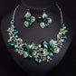 Flower Crystal Wedding Necklace & Earrings Set - Green