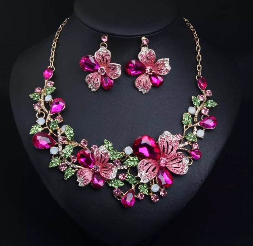 Flower Crystal Wedding Necklace & Earrings Set - Pink