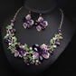 Flower Crystal Wedding Necklace & Earrings Set - Purple/Green