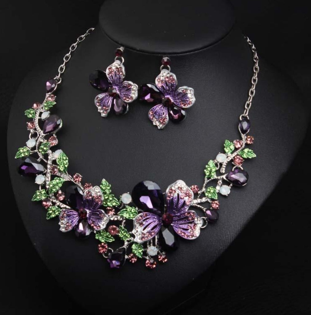 Flower Crystal Wedding Necklace & Earrings Set - Purple/Green