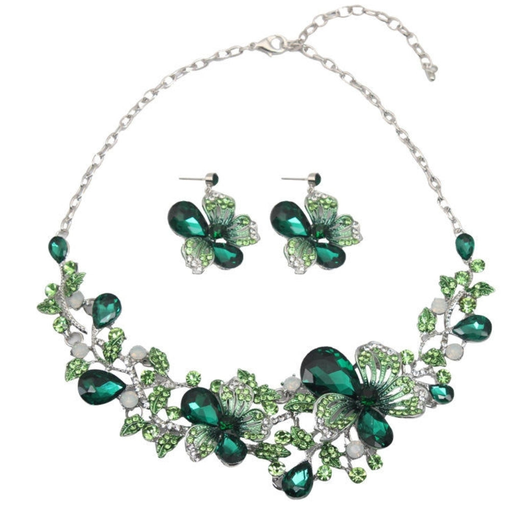 Flower Crystal Wedding Necklace & Earrings Set - Green