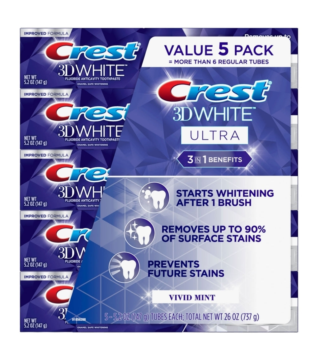 Crest 3D White Ultra Whitening Toothpaste, Vivid Mint (5.2 oz., 5 pk.)