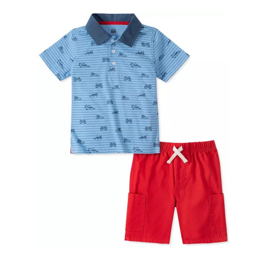 Kids Headquarters Little Boys 2-Pc. Blue Stripe Truck-Print Polo Shirt & Red Twill Shorts Set